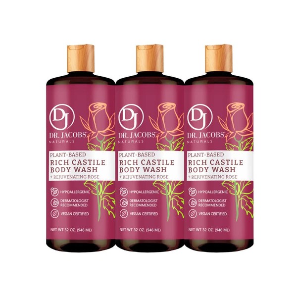 DR.JACOBS NATURALS All-Natural Castile Rose Body Wash with Plant-Based Ingredients - Gentle and Effective - Sulfate-Free, Paraben-Free, and Cruelty-Free Formula for Nourished Skin (32 oz, 3 Pack)