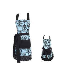Surblue Vintage Ruffle Floral Aprons with Pockets for 2 Pockets for Mama and Me, Kitchen Apron Set for Cooking, Baking, BBQ, Painting and Gardening, Style Diana, Cotton, Extra-Long Tie, Blue, 2 PCS
