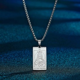 QIAMNI Stainless Steel Tarot Card Necklace Moon Star Sun Pendant Astrology Divination Magic Amulet Necklace Women Men Jewellery (Silver-The High Priestess), Stainless Steel