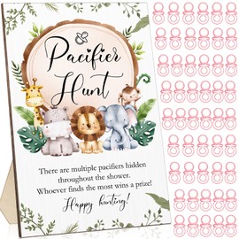 51 Pcs Cool Baby Shower Games Include Baby Pacifier Hunt Sign Wooden Baby Gift Sets Gender Reveal Party Favors 50 Acrylic Baby Pacifiers Mini Plastic Pacifiers for Baby Gender Reveal (Animals, Pink)