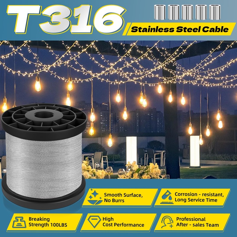316 Stainless Steel Cable, 400FT 1/32IN Wire Rope with 100Pcs