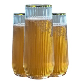 24 Pack Ribbed Ripple Stemless Toasting Glasses, Origami Durable 9 Oz BPA-Free Disposable Plastic Champagne Flutes for Weddings, Bars, Events, and Celebrations (Gold Rim)