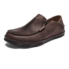 OLUKAI Moloa Men's Leather Slip On Shoes, Waxed Nubuck Leather & Soft Moisture-Wicking Lining, Drop-in Heel & All Weather Rubber Soles, Dk Wood/Dk Java, 11.5