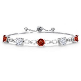 Gem Stone King Red Garnet and White Moissanite Tennis Bracelet For Women | 4.66 Cttw | Gemstone January Birthstone | Round 6MM | Fully Adjustable Up to 9 Inch