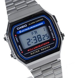 Reloj pulsera digital Casio A-168wgg con correa de acero inoxidable color plateado - fondo gris/negro/azul