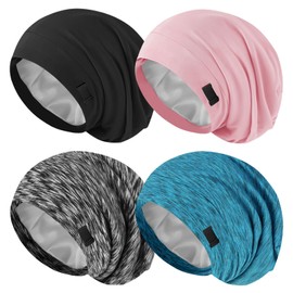 4Pcs Silk Satin Lined Sleep Cap Bonnets for Women Men, Adjustable Satin Bonnet for Sleeping Hair Wrap Slouchy Beanie Hat for Curly Hair and Braids(Color 05)