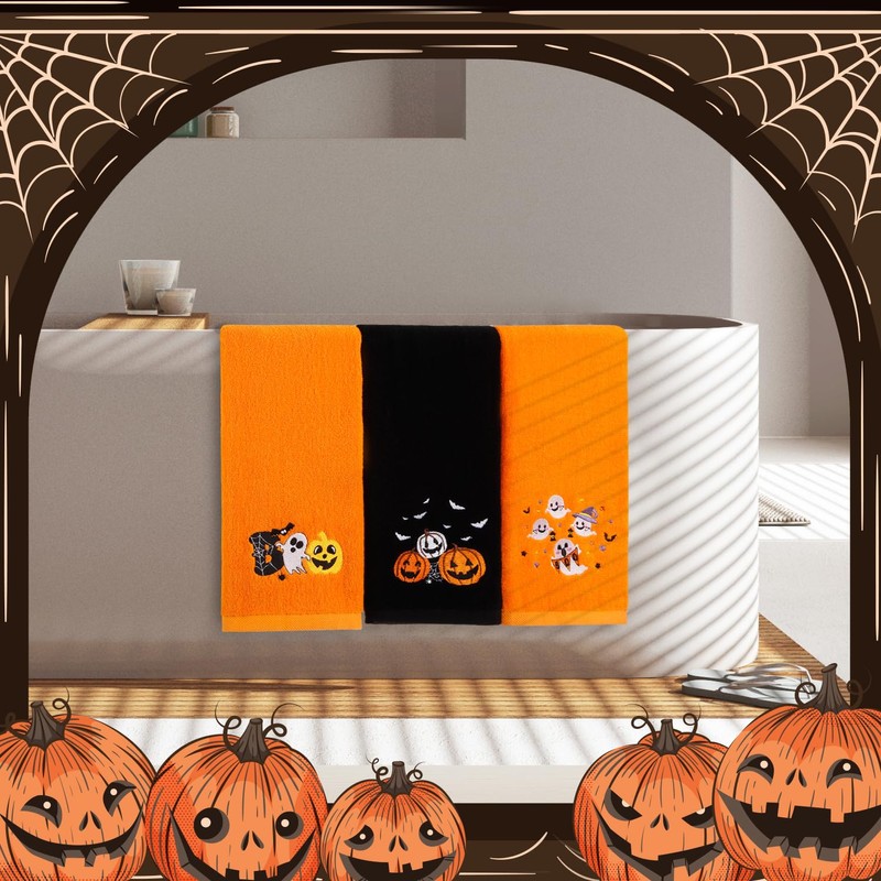 Quera 3 Pack Halloween Hand Towels Ghost Pumpkin Embroidered Premium