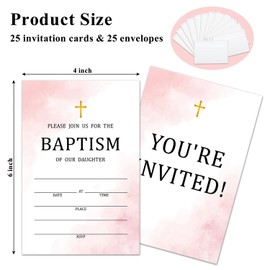 Tbaogusu Pink Watercolor Baptism Invitations With Envelopes, Baptism Baptismal Invitation Cards For Daughter Girls, 25 Invites With 25 Envelopes Religious Supplies Decorations -002