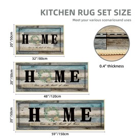 Tritard 100% Non Slip Kitchen Rugs Sets of 3 Farmhouse Washable Kitchen Mats for Floor Non-Skid Kitchen Runner Rug Soft Rustic Kitchen Floor Carpet for Laundry, Sink, Office, Grey Teal