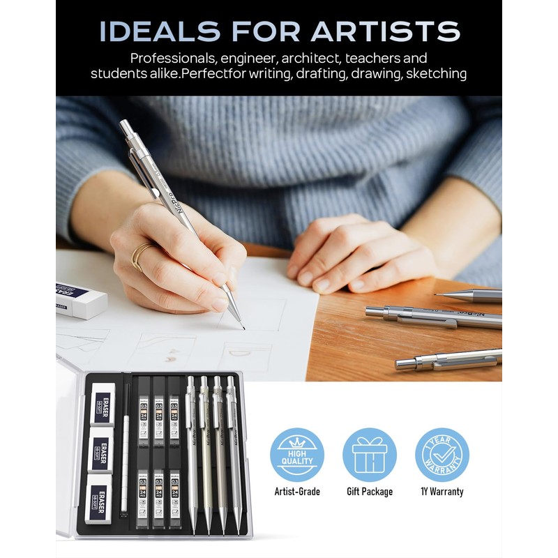 Nicpro 4 Pack Mechanical Pencil 0.5 mm with Case, MB1000