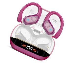 Qecnato Wireless Earbuds Bluetooth Headphones Stereo Deep Bass Sports Ear Buds with Earhooks, Bluetooth Earbuds, LED Display, IP7 Waterproof Earphone, Rose Gold