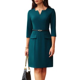 GRACE KARIN 2025 Women's 3/4 Sleeve Business Work Dress V Neck Bodycon Sheath Dress with Belt Peacock Blue XL