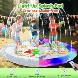 Splash Pad Sprinkler for Kids, 59" Light Up Splash Pads for Toddlers Outside Water Pad, Summer Outdoor Toys Sprinkler Play Mat for Babies, Children and Dogs, Day & Night Backyard Water Toys Gifts