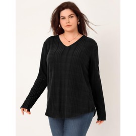 Rapbin Womens Plus Size Tops V Neck Long Sleeve Tshirt Casual Blouse Lightweight Sweaters for Women Fashion 2024 Black 3X