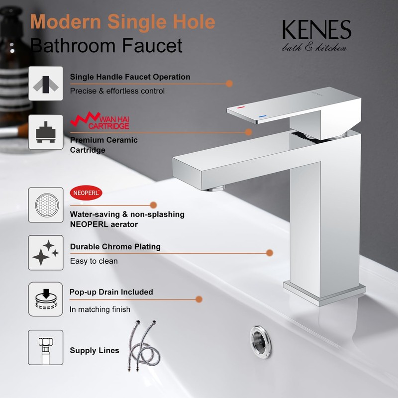 KENES Chrome Bathroom Faucet Single Handle Bathroom Sink Faucet Lavatory