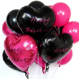 Black and Hot Pink Happy Birthday Balloons for Women Girls, Hot Pink Black Foil Heart Birthday Balloons and Rose Red Black Latex Balloons for 1st 10 13 Sweet 16 18 21st 30 40 50 60 70 Birthday Party