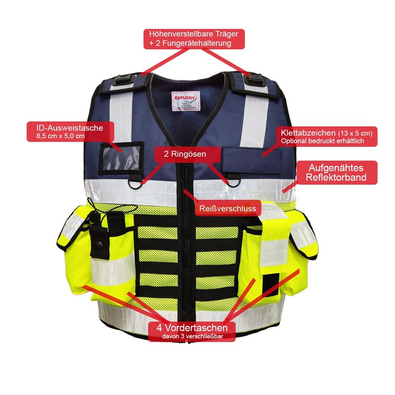 EXPLOSIV Reflective Multi-Pocket Security Vest, Size L-3XL (Adjustable), Navy-Yellow, Without
