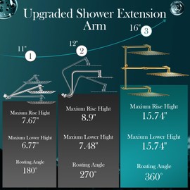 12'' Gold Rain Shower Head, High Pressure Rainfall Shower Head with 16 inch Adjustable Extension Arm，Flexible Adjust Height and Angle, 5 Setting Spray Handheld Shower Head, Anti-leak
