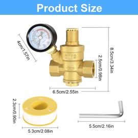 Water Pressure Regulator 1/2 inch with Gauge, Made of 100% High Hardness Brass, Adjustable Water Pressure Reducing Valve Water