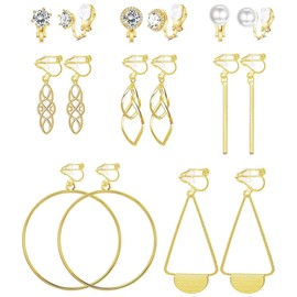 JeweBella 8 Pairs of Clip-On Earrings, Women's Girls' Clip Earrings, Long Drop Earrings Without Pierced Ears, Zircon Beads, Hoop Earrings, Hypoallergenic, Fake Earrings Set, Silver, Gold for Women,