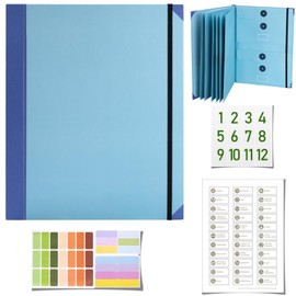 Folio Folder File Organiser 12 Compartments Document Folder with Label Stickers in Case I Go Missing Folder for Home and School Office Supplies for Important Papers (Blue)
