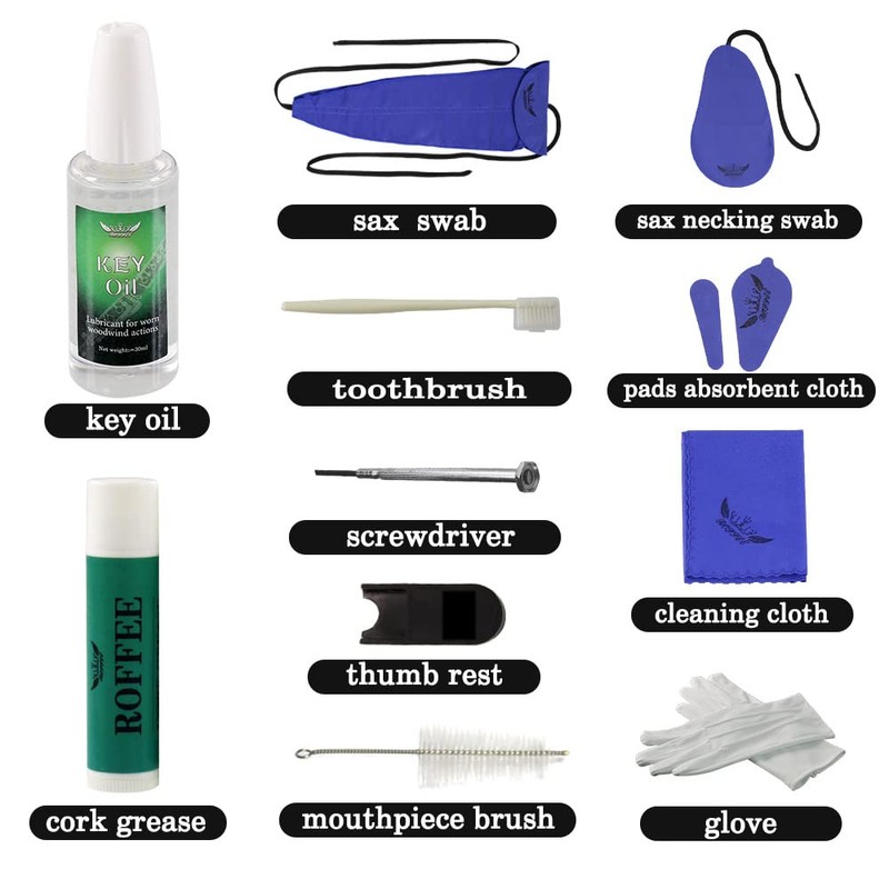 Saxophone Sax cleaning Care Maintenance Kit,Key Oil,Cork Grease,Swab,Cleaning Cloth,Thumb Rest,Mouthpiece