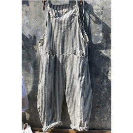 CHARTOU Women Oversized Summer Casual Stripes Cargo Jumpsuit Wide Leg Bib Overall Striped Linen Pants Dungarees Pocket (Medium,Grey stripe)
