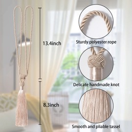 Pretty Jolly 4 Pack Long Tassel Curtain Tiebacks Handmade Braided Rope Knot Drape Tie Backs European Style Decorative Curtain Holdbacks for Home & Office Window Drapery (Dark Beige)