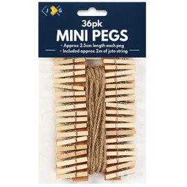 36 Mini Wooden Pegs & 2m Jute Twine String - Rustic Natural Wood Clips for Arts Crafts Scrapbooks - Hanging Christmas Photos Cards Books Peg Line Event Display - Home Wedding Baby Shower Wall Decor