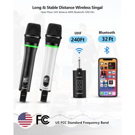 Bietrun Rechargeable Wireless Microphone,Dual Metal Cordless Handheld Dynamic Wireless Mics with Bluetooth, UHF 240FT Range for 1/4'',1/8''Output,PA System,Dj,Mixer,Church(White＆Black)