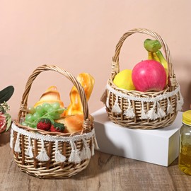 2 Pack Small Wicker Picnic Basket with Handle Wicker Rattan Flower Girl Basket Willow Flower Baskets with White Ribbon Plastic Liner for Wedding, Gifts, Camping and Home Decor