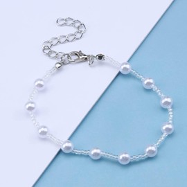 Yheakne Vintage Pearl Station Bracelet White Pearl Bracelet Beaded Station Bracelet Boho Pearl Chain Bracelet Hand Chain Jewelry for Women and Girls Gifts