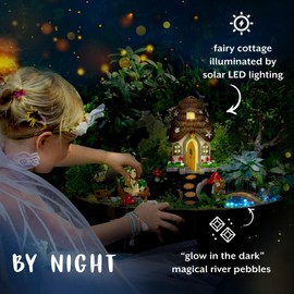 WILD PIXY Fairy Garden Kit - 13 Piece Glow in The Dark Accessories with 7.1" Outdoor Fairy House with Opening Door and Solar LED Light, Garden Door for Trees, Stones, Indoor/Outdoor Decor