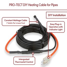 Pipe Heating Cable Kit for Freeze Protection 15 feet, 105 Watts Plug-in Electric Pipe Heat Tape with Built-in Thermostat Control, Heat Cable for Water Pipes, cUL, CSA, ETL, WarmlyYours PRO-Tect