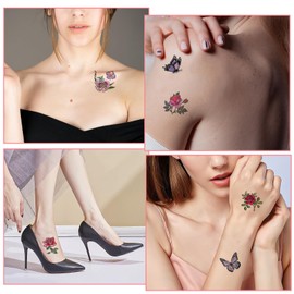 HJZHII 100 Pcs Flower Tattoos, Temporary Tattoos Adult Fake Tattoo Butterfly 3D Waterproof Tattoo Realistic Rose Stickers Watercolor Floral Sticker Mixed Style Peony Sticker for Festival Party Women
