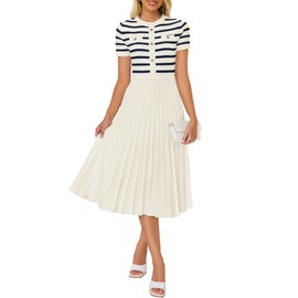ZESICA Women's 2025 Casual Striped Midi Dress Crewneck Short Sleeve Button Ribbed Knit Swing Pleated A Line Dresses,Beige,Large