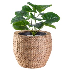 Vintiquewise Water Hyacinth Wicker Planter Basket with Metal Pot, Large Round Woven Basket for Plants Indoor, Wicker Plant Basket Floor Planter