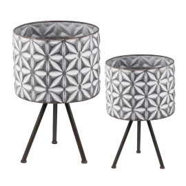 Set Of 2 Round Galvanized Grey Metal Planter Stand Farmhouse Style Flower Pots Garden Usecolor: as Pic Color