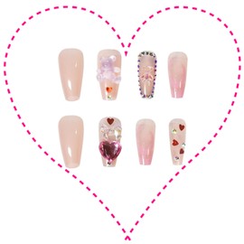 Heart False Nails Nude Medium Artificial Nails for Gluing, 24 Pieces Glossy Fake Nails Bow Diamond Designs Press On Nails Ballerina Full Cover Coffin False Nails for Women and Girls