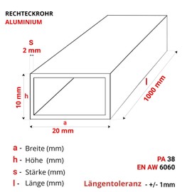 GAL-INDUSTRIAL Aluminium Profile Aluminium Square Tube 20 x 10 x 2 mm Length 100 cm Rectangular Aluminium Tube Square Profile Cut to Size