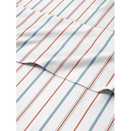 4 Piece Striped Sheets for Queen Size Bed – Luxury Flat Sheet 90 x 102, Fitted Sheet 60 x 80 and 2 Pillowcases 20 x 30 – Deep Pocket, Red and Blue Pinstripe Bed Sheets – Oeko-TEX Stripe Sheet Set