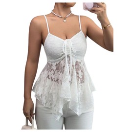 Verdusa Women's Bow Lace Camisole Peplum Tops Sheer Asymmetrical Floral Sleeveless Babydoll Tops White Medium
