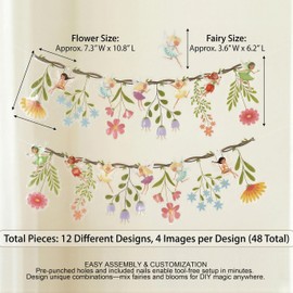 48Pcs Reusable Flower Fairy Banner Kit - Double-Sided PVC Garden Party Decor for Spring, Easter, Baby Shower, Wedding Backdrop - 16ft Floral Garland with Fair