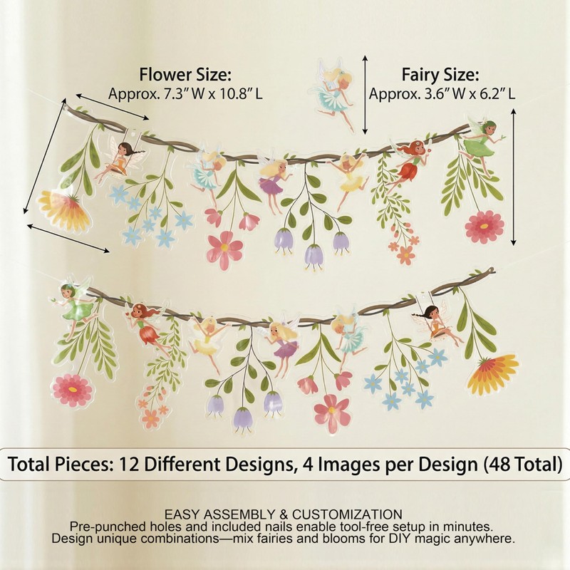 48Pcs Reusable Flower Fairy Banner Kit - Double-Sided PVC Garden