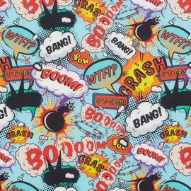 Kt KILOtela - Patchwork Fabric Cotton Digital Printing Sewing Craft Fabric 50cm Length x 140cm Width Onomatopeyas Boom Bang Crash Blue ─ 0.50m