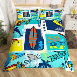 Surfing Sports Duvet Cover Twin Size,Colorful Surf Themed Graffiti Painting Comforter Cover Set for Kids Boys Girls,Surfboard Fish Stars Plaid Bedding Quilt Cover Set Bedroom Decor, 2 Pieces