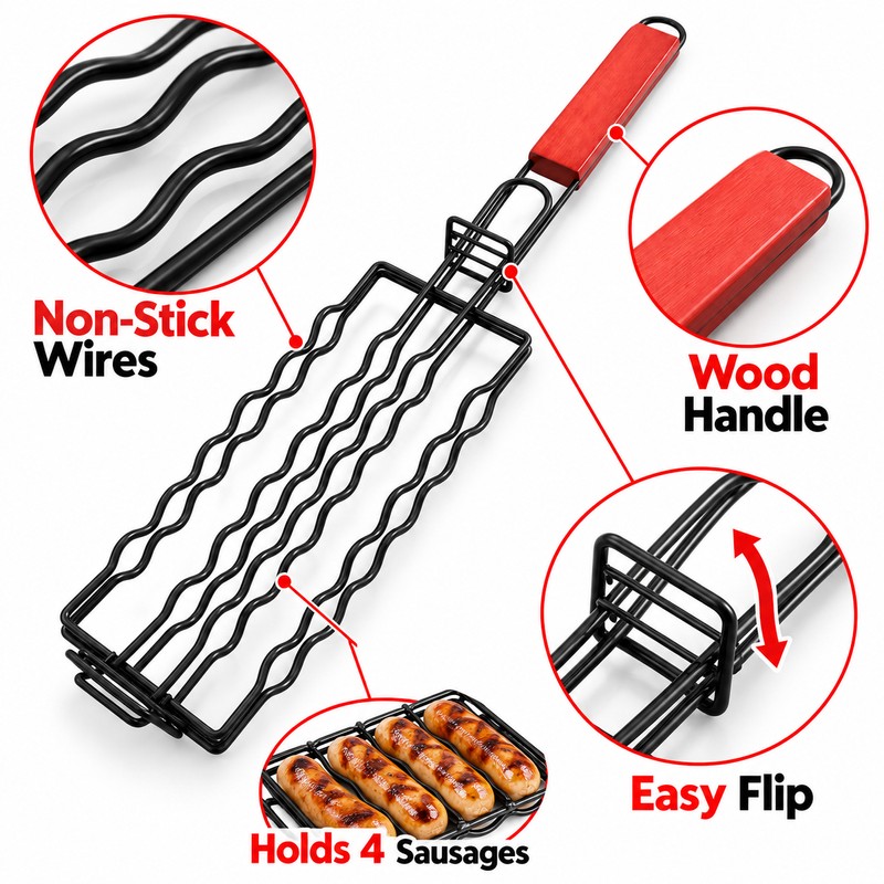 Hot Dog Grill Basket for BBQ Cooking – Easy-Flip Sausage