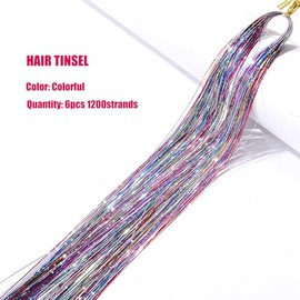 Kit de oropel para el cabello colorido con herramienta 6 piezas, 1200 hebras, extensiones de cabello de oropel brillantes, resistentes al calor, brill