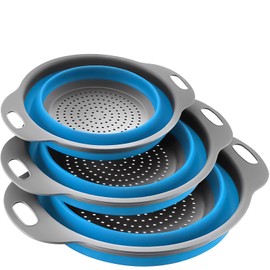 Collapsible Colander Set of 3, Space-Saving Foldable Strainer for Kitchen, 3 Sizes Food Strainer for Draining Pasta, Vegetable and Fruit, Kitchen Gadgets for Home Use and Outdoor Camping (Blue)