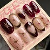 24Pcs Red Press on Nails Short Almond Fake Nails Gold
